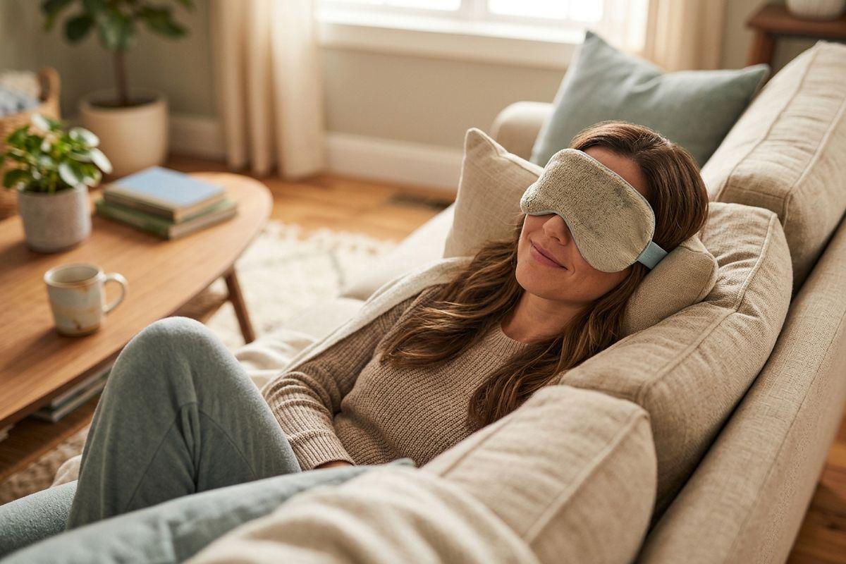 A smiling adult wearing a padded eye mask reclines on a living room sofa.