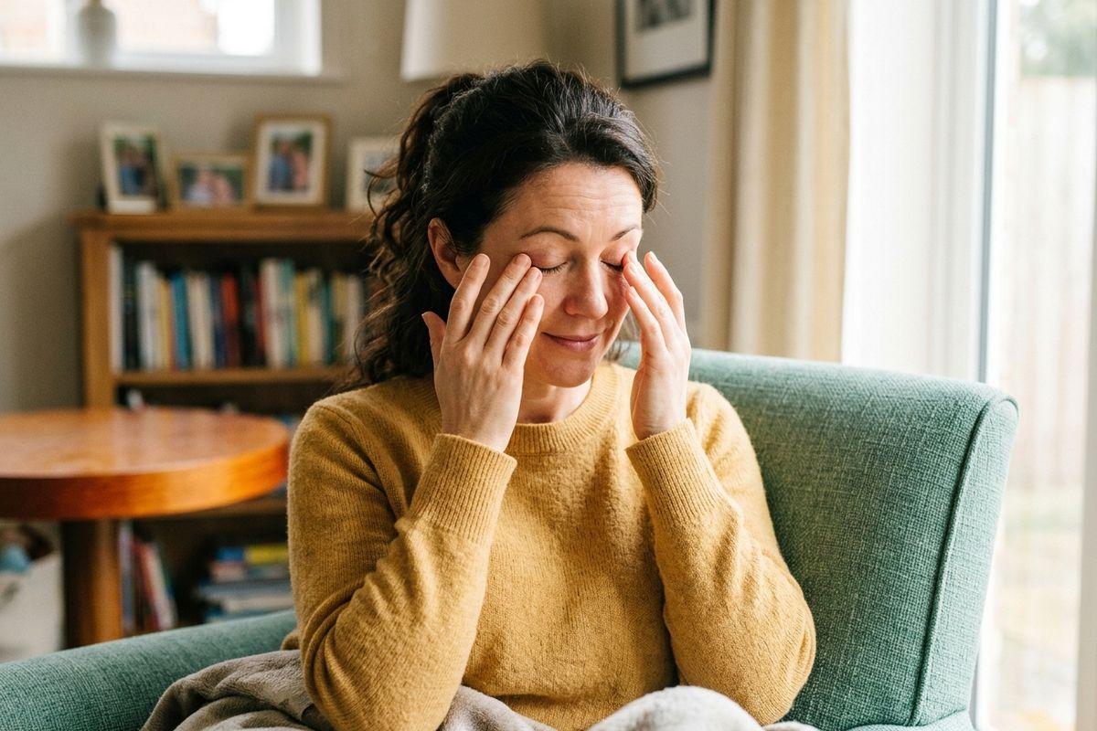 Adult sitting in a green armchair in a living room, eyes closed, pressing fingertips gently against their eyelids.