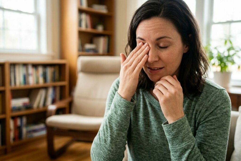 An adult sitting indoors rubbing their closed right eye, looking uncomfortable. A chair and bookshelves are in the background.
