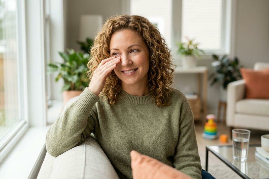 Smiling adult sitting on a sofa by a window in a living room, lightly touching near their right eye.