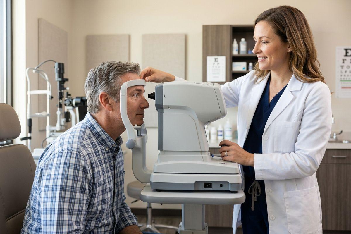 A smiling optometrist in a clinic guides an adult patient's forehead into position at a large eye examination machine.