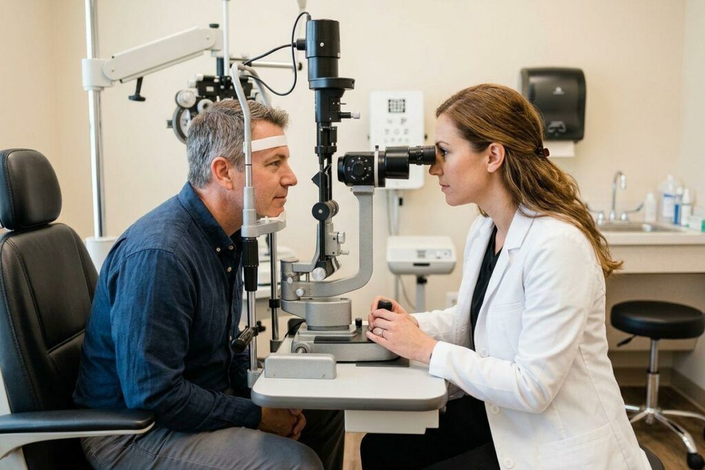 Optometrist using a slit lamp to examine a seated patient's eyes in a clinic.