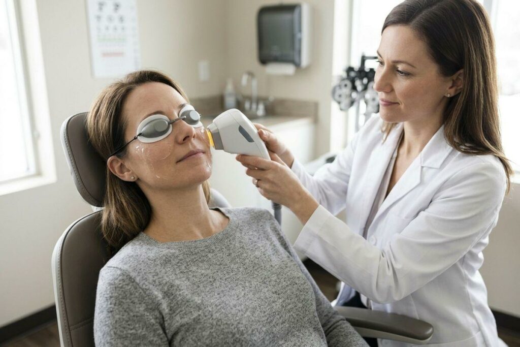 Optometrist holds a handheld light device to the cheek of a patient wearing protective eye shields in an eye exam room.