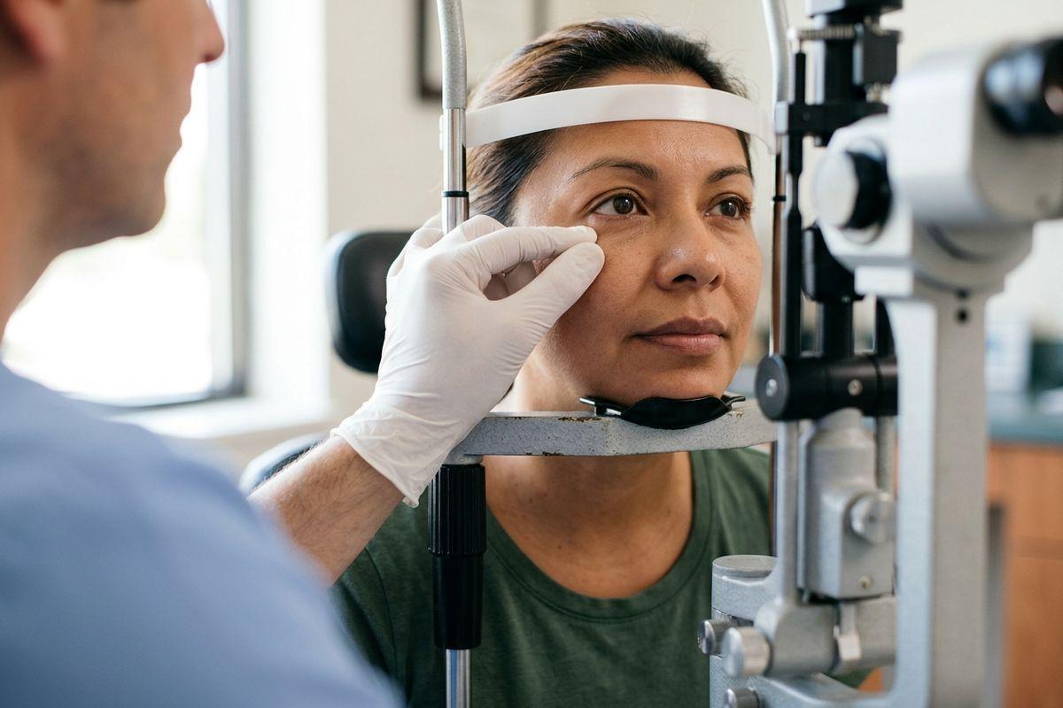Optometrist in gloves gently holds a patient's lower eyelid as the patient rests against a slit lamp during an eye exam.