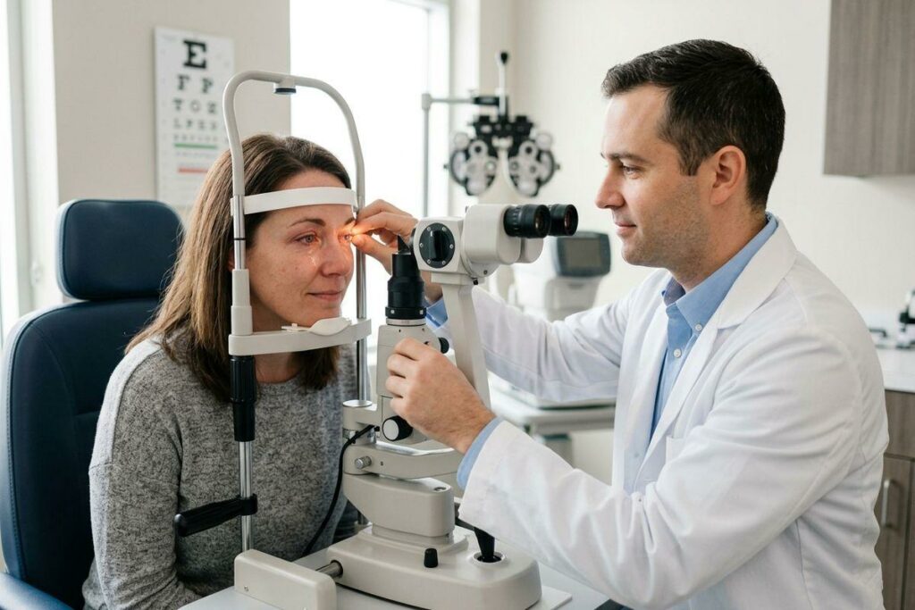 Optometrist examines a patient's eye with a slit lamp in an exam room, holding the eyelid open while the patient rests against the headrest.
