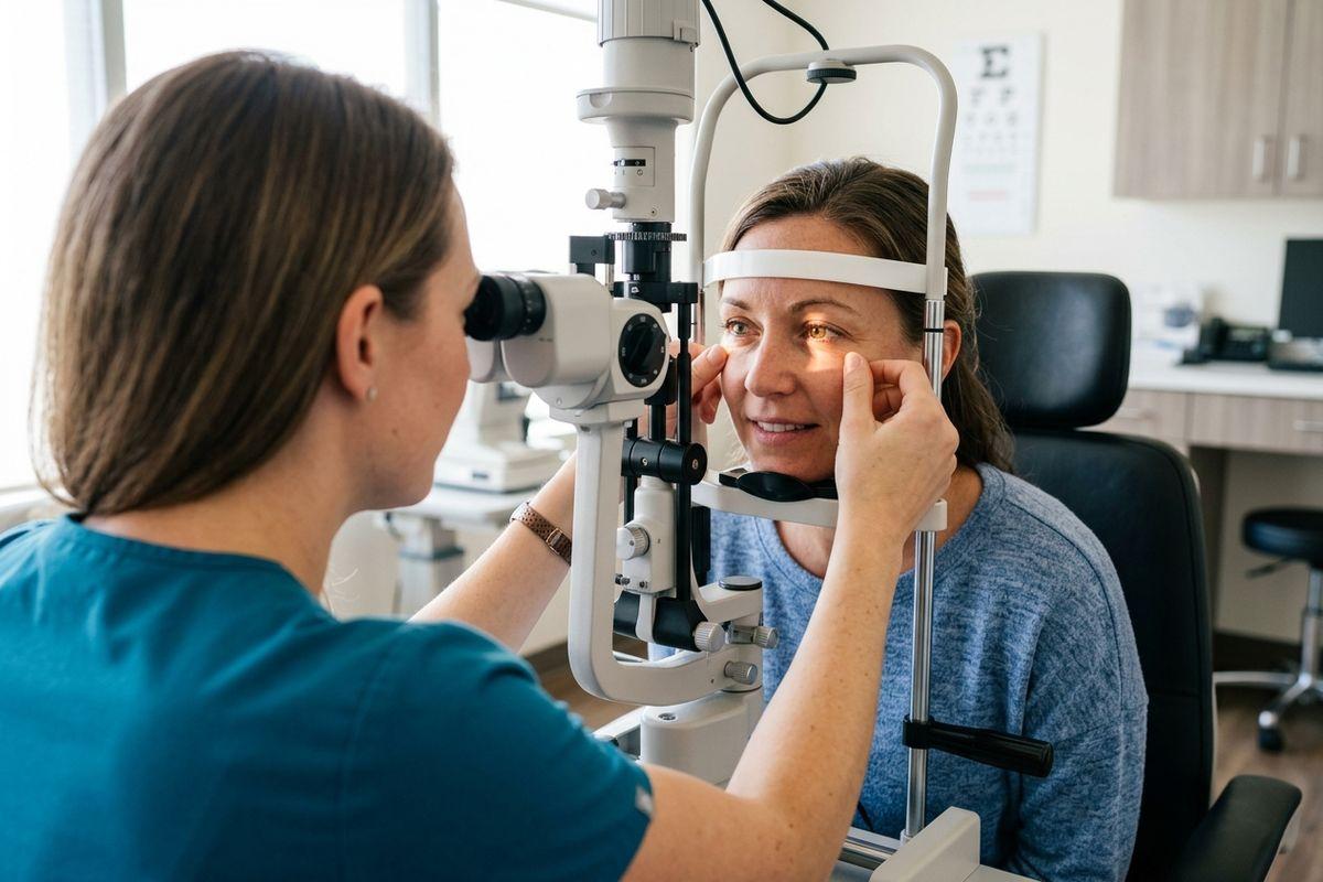 An optometrist examines a smiling patient's eyes with a slit lamp in an exam room, holding the patient's eyelids open.