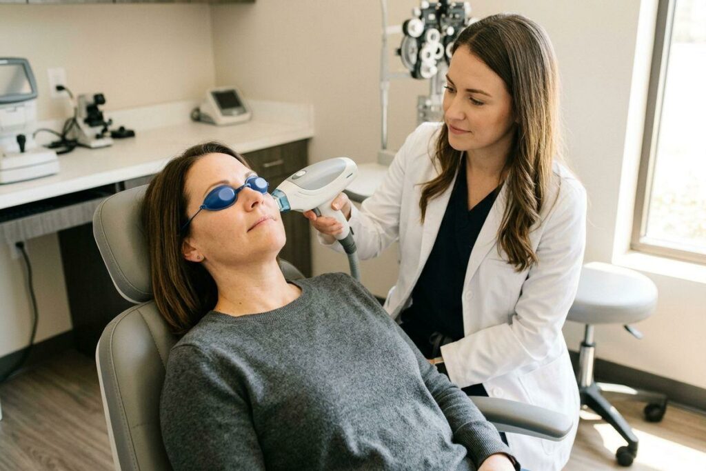 Optometrist holds a handheld light device near the cheek of a patient reclining in an exam chair wearing blue protective goggles.